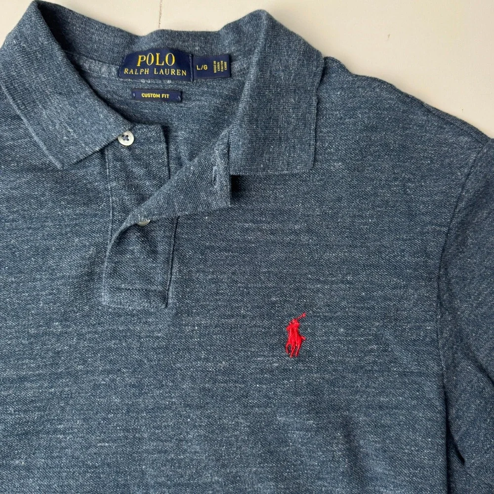 Polo Ralph Lauren Mens Custom Fit Heathered Blue Polo Shirt Red Pony Large‎